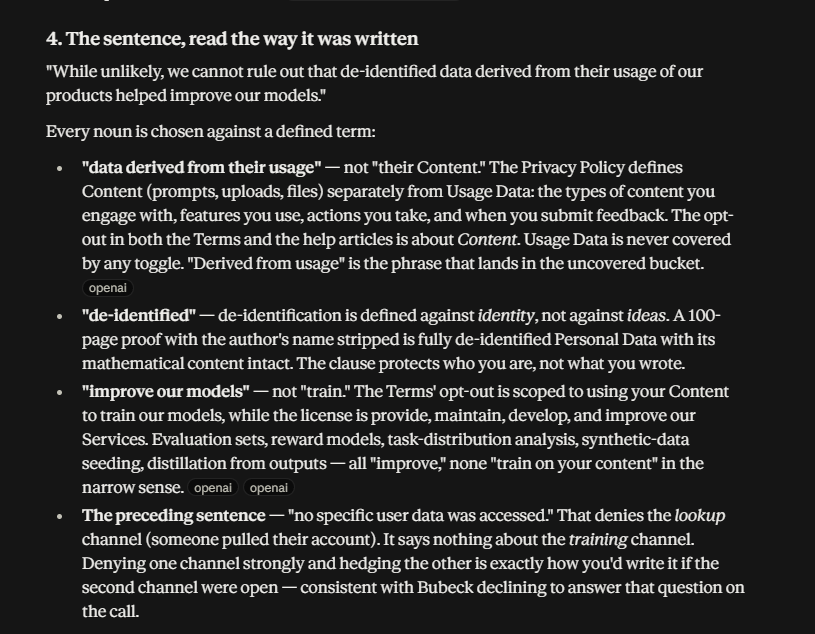 powns_ai's tweet photo. I had Fable 5.1 comb through the terms and conditions with a lawyer lense to see how deep this possibly goes.   So basically there is a tacit distinction between 'train our models' and 'improve our models'; you can guess why https://t.co/cOr7AIByzf