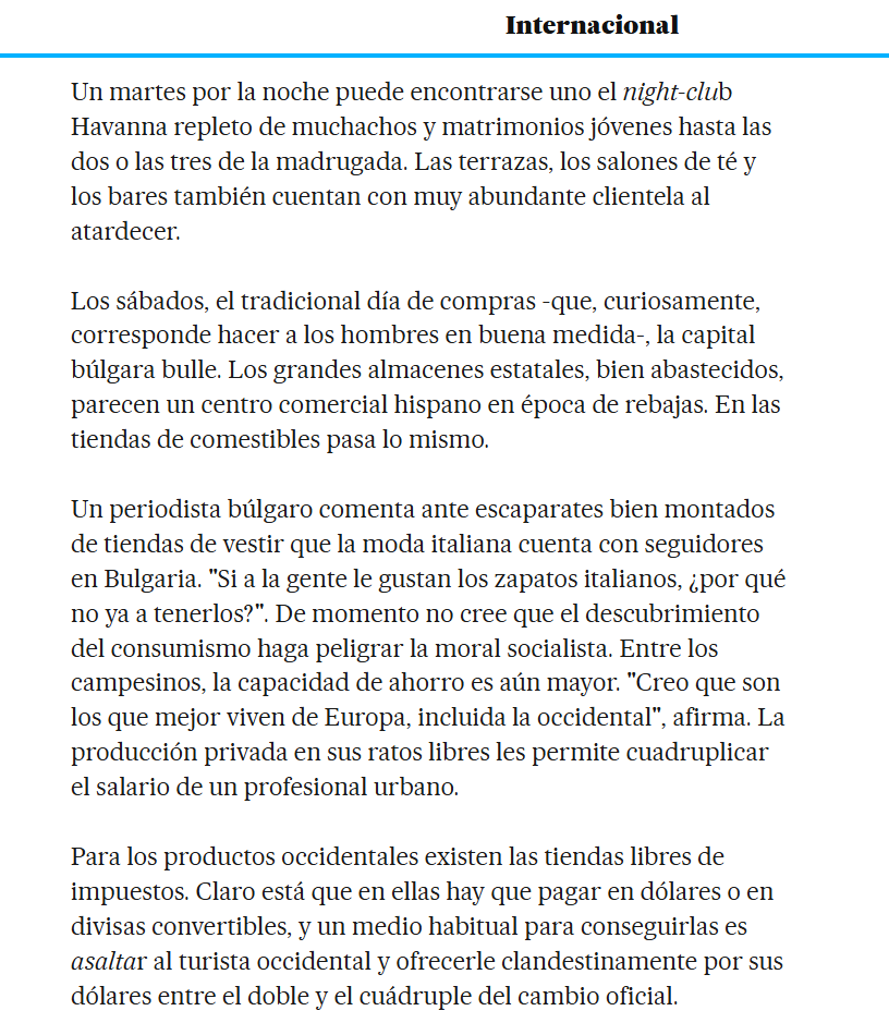 03690jul's tweet photo. Así hablaba EL PAÍS de la Bulgaría socialista en 1985. Interesante del peor dato, la política de vivienda: Tardaban 2 o 3 años en darte el piso de recien casados por falta de trabajadores. 

Fuente: https://t.co/ncsUtpdwwD https://t.co/PpBvuIj1xx