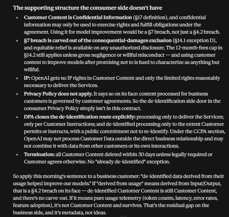 powns_ai's tweet photo. Another hint that they are pretty much using our data as standard users: The vagueness which leaves room for 'interpretability' in the consumer case, is completely gone in the business/enterprise contract. Everything points towards this being a strategic distinction; likely not in our favor as individual end-users.