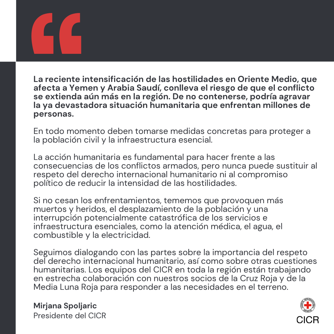 CICR_es's tweet photo. 📍Oriente Medio | La intensificación de las hostilidades en Oriente Medio conlleva el riesgo de que el conflicto se extienda aún más en la región. De no contenerse, podría agravar la ya devastadora situación humanitaria que enfrentan millones de personas. https://t.co/9Z8WSXctQg