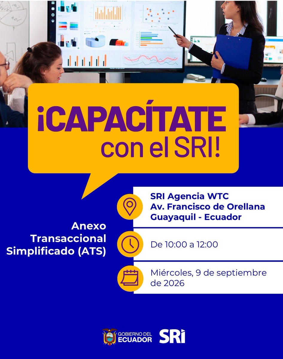DValenzuelaSRI's tweet photo. 📣 ¿Tienes dudas sobre cómo llenar el Anexo Transaccional Simplificado (ATS)?

Actualiza tus conocimientos y aprende sobre el proceso de llenado en nuestra capacitación gratuita, este miércoles 9 de septiembre, a partir de las 10:00.

Más información ⬇️ https://t.co/dk6JiS8DyU