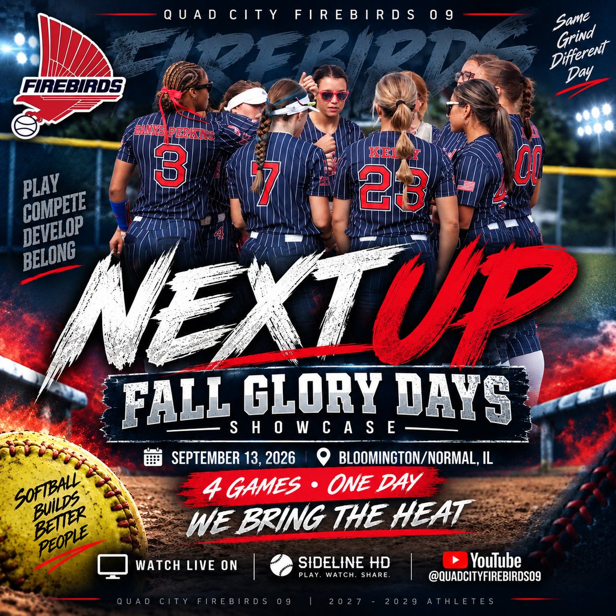 QCFirebirds09's tweet photo. 🔥 WEEKEND LOADING... 🥎

The Firebirds are headed to Bloomington/Normal this Sunday for the Fall Glory Days Showcase!

4 games. One day. Ready to compete. 💪

🎓 2027–2029 Athletes
📺 Live on SidelineHD + YouTube
#QCFirebirds09 #SoftballRecruiting https://t.co/Hv01MM3fcn