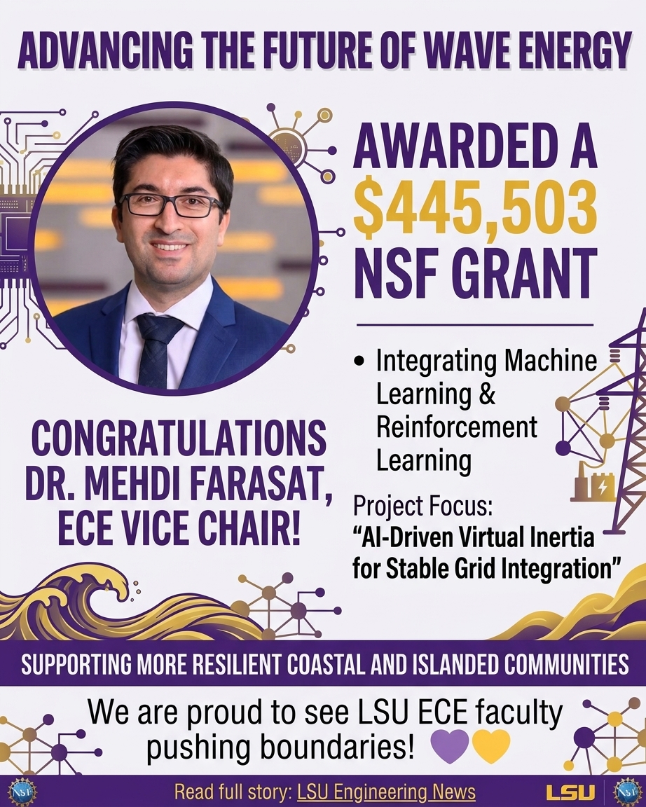 LSU_ECE's tweet photo. Congratulations to Dr. Mehdi Farasat, ECE Vice Chair, on receiving a $445,503 NSF grant to advance reliable, grid-compatible ocean wave energy through physics-based modeling, machine learning, reinforcement learning, energy storage, and power electronics.  💜💛 #LSUECE #LSU #NSF https://t.co/Xp4lnIoqud