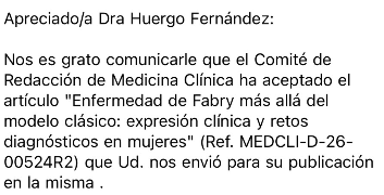 LuciaOrdieres's tweet photo. Aceptada nuestra revisión sobre la expresión clínica y los retos diagnósticos de la enfermedad de Fabry en mujeres.

Un trabajo sobre mujeres, con un equipo de mujeres con las que ha sido un verdadero placer trabajar 💜

Os contamos más en cuanto esté disponible!💫 https://t.co/YOr545VfUX