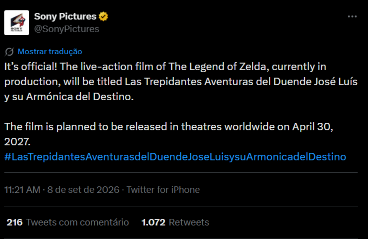 dudu_cabral's tweet photo. O filme live action de Zelda finalmente recebeu um título oficial! Eu confesso que não esperava, mas é o nome perfeito! https://t.co/rTUZgwyNWc