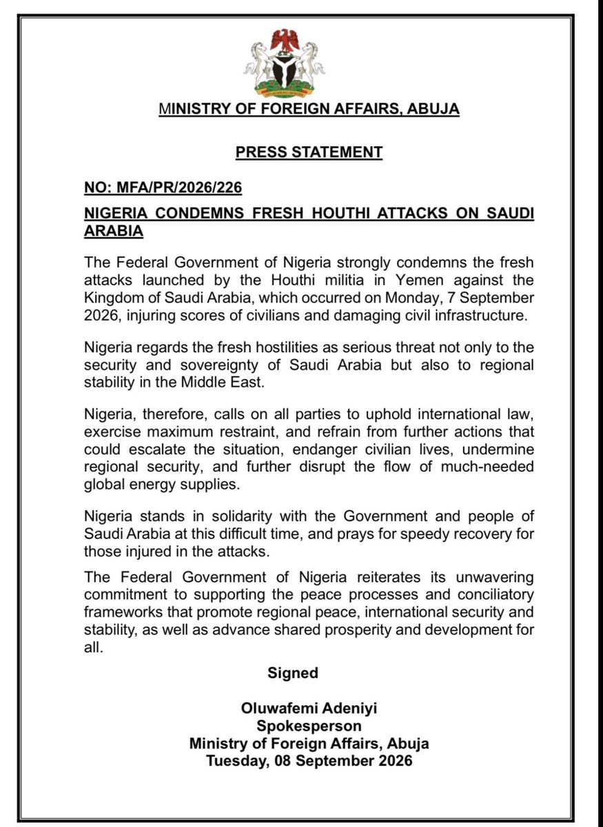 NigeriaMFA's tweet photo. Nigeria Condemns Fresh Houthi Attacks on Saudi Arabia https://t.co/L9LeJ62Wg1