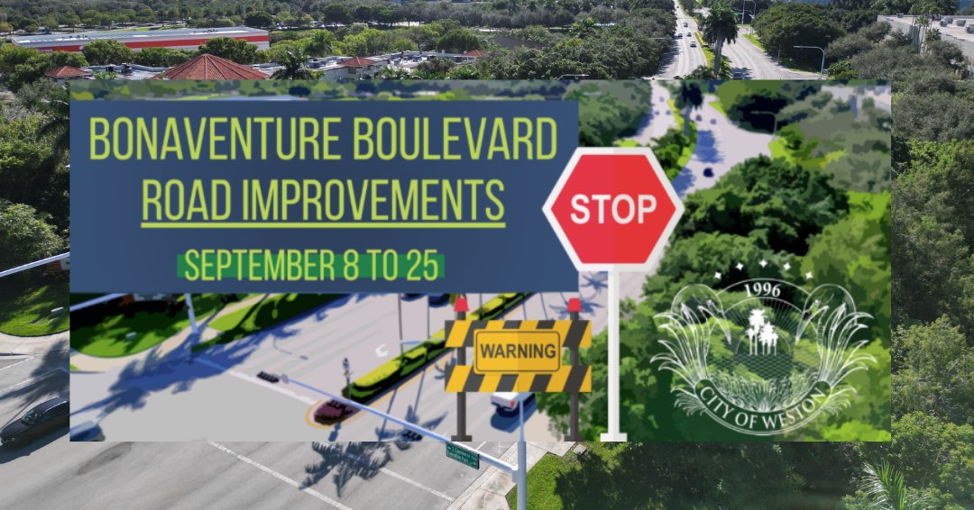 CityofWeston's tweet photo. 🚧Bonaventure Boulevard Paving Schedule

Work continues on the Bonaventure Boulevard Improvement Project. From September 8 through September 25, motorists should expect intermittent lane closures near the Royal Palm Boulevard intersection between 9 a.m. and 5 p.m., and in the evening hours near the bridge by Griffin Road between 9 p.m. and 5 a.m. 

No full roadway closures are anticipated, and access to homes, businesses and emergency services will be maintained.

View the schedule and project details:  https://t.co/wWTkUlYOvG
