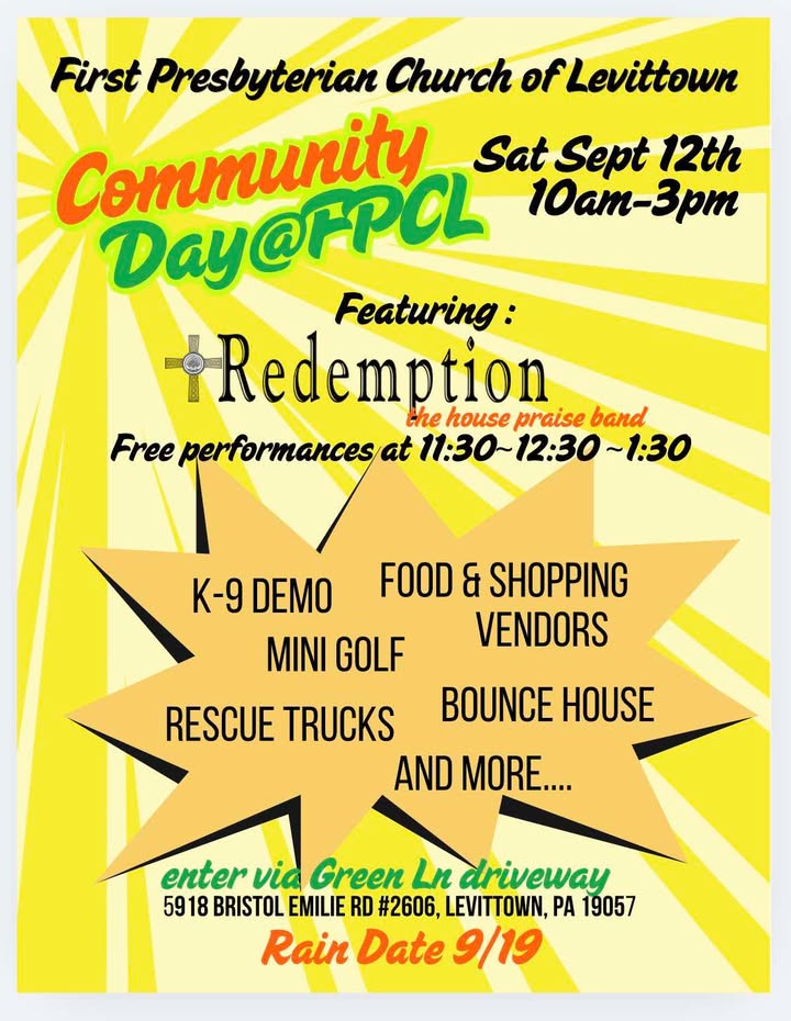 Presby_Phl's tweet photo. First Presbyterian Church of Levittown invites you, your family, and your neighbors to a fun-filled Community Day on Saturday, September 12, from 10:00 AM–3:00 PM.  All are welcome! Learn more HERE: https://t.co/8guS5wxO3X https://t.co/1R4hB8fnMa