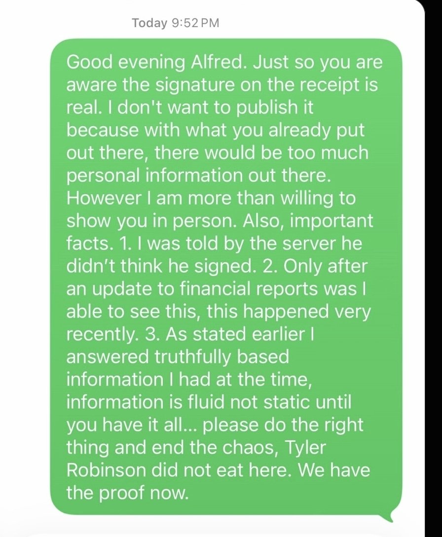 Mellie776's tweet photo. Andrew Wilson is telling you to believe that last night he: 

Obtained a copy of a receipt with a signature for a contactless transaction from Cowboys Smokehouse in Panguitch, Utah. 

He then proved this was real by a screenshot of a text with no name or anything verifable that was allegedly written to @DiligentDenizen by one of the owners, and Andrew was given a copy...which he posted to disprove Diligent. 

 Nothing has been posted by the restaurant's official FB page since July 18th, when they said they would no longer comment due to the active investigation. 

For proof, Andrew posts a screenshot of an X account he states is one of the owners,  that changed it's name on X last night, including correcting a typo in the display name from "just a guy frim spry" to "just a guy from spry" 

The account added "Utah, USA" 

At the very time Andrew was getting a screenshot of the account, the restaurant owner decided to change his name, and created a typo in the process. He also added Utah, USA to the profile. 

The "just a guy frim spry" account says "its not fake. It's all true" and  showed "edit profile"  at the top to show the posts from the locked account. Even though Andrew is friends with the account, he says he was sent the screenshot from the account owner, and that's why "edit profile" is showing at the top. 

Andrew calls this positive evidence to refute Diligent, and throws out insults for anyone noticing all these anomalies and such. 

If the tables were turned, would Andrew believe this, or say it is made up while chain smoking & calling everyone names ?
