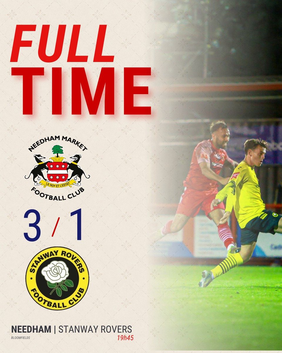 needhammktfc's tweet photo. FT: Needham 3-1 Stanway Rovers

A sumptuous brace from Pearce and a cracking goal from Hunter set up a home tie with @braintreetownfc on Saturday 19th (3pm)!

Good luck to @StanwayRovers for the remainder of the season.

#NeedhamMarketFC https://t.co/nkiPTz5JEt