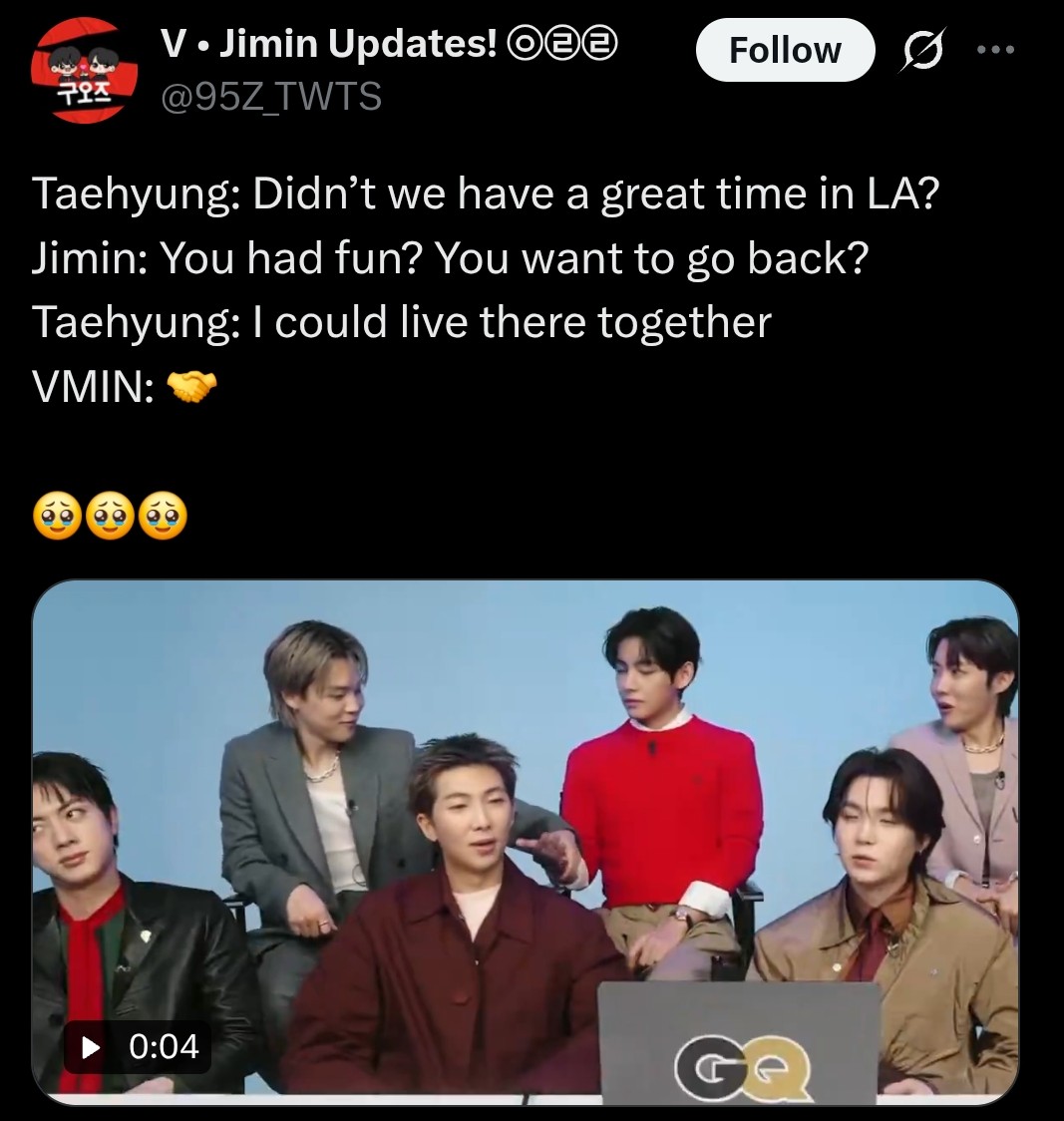 Babievminnie's tweet photo. @Rjimi95 :"Lol more like #Yoongi stalked Jimin to his building #smdh..Jimin #prefers going to sauna with #Namjoon who knows what else they get up to when its just them #lmao..#Jimin wants to live #only with #Tae in LA #and forever #haha..also Namjoon said support teddy cuz #not mutual lol https://t.co/HsAXb2LHrJ