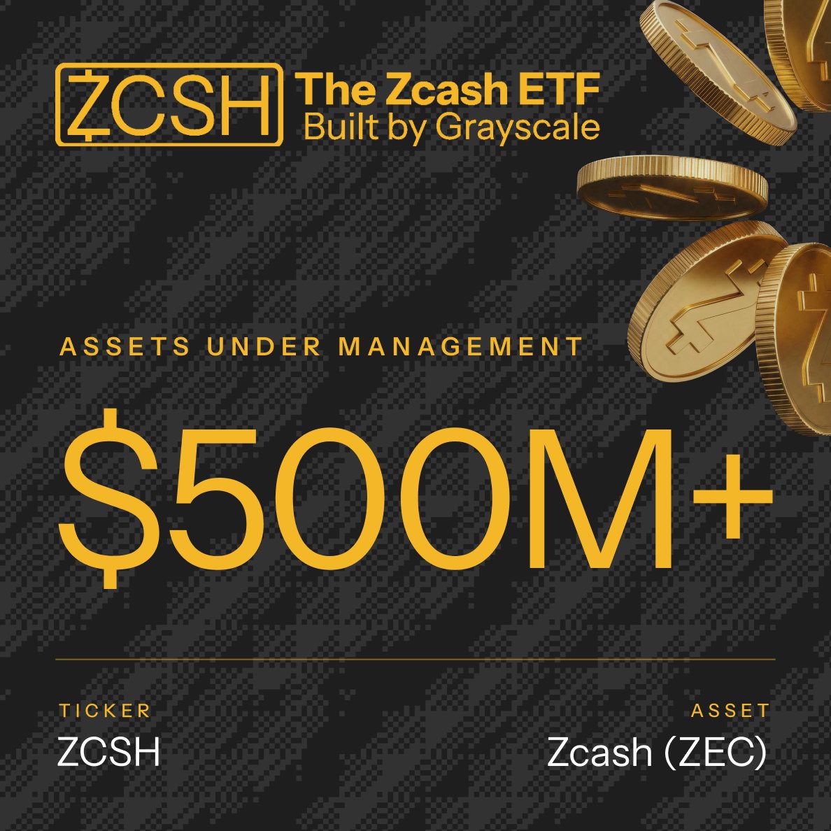 Grayscale's tweet photo. The world's only Zcash fund just surpassed $500M+ in AUM. 

$ZCSH now holds over 550,000 $ZEC. 

Private money is attracting real capital. 

Full announcement here: https://t.co/NNi3Br6sfD
Learn more here: https://t.co/J6GlkFrukz https://t.co/HvHZcXckoh