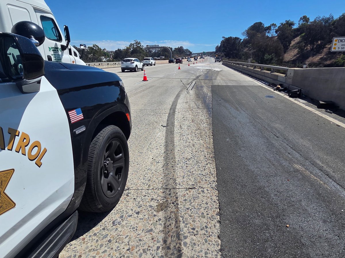 CHP_Oceanside's tweet photo. 🚨 TRAFFIC ADVISORY UPDATE | 9/8/26 – 2:00 PM

I-5 SB at Encinitas Blvd: No changes to the current lane closures.

A significant amount of fuel and other debris was spilled during the crash, requiring extensive cleanup. Guardrail repairs are also being conducted. https://t.co/Ras5LztwwR