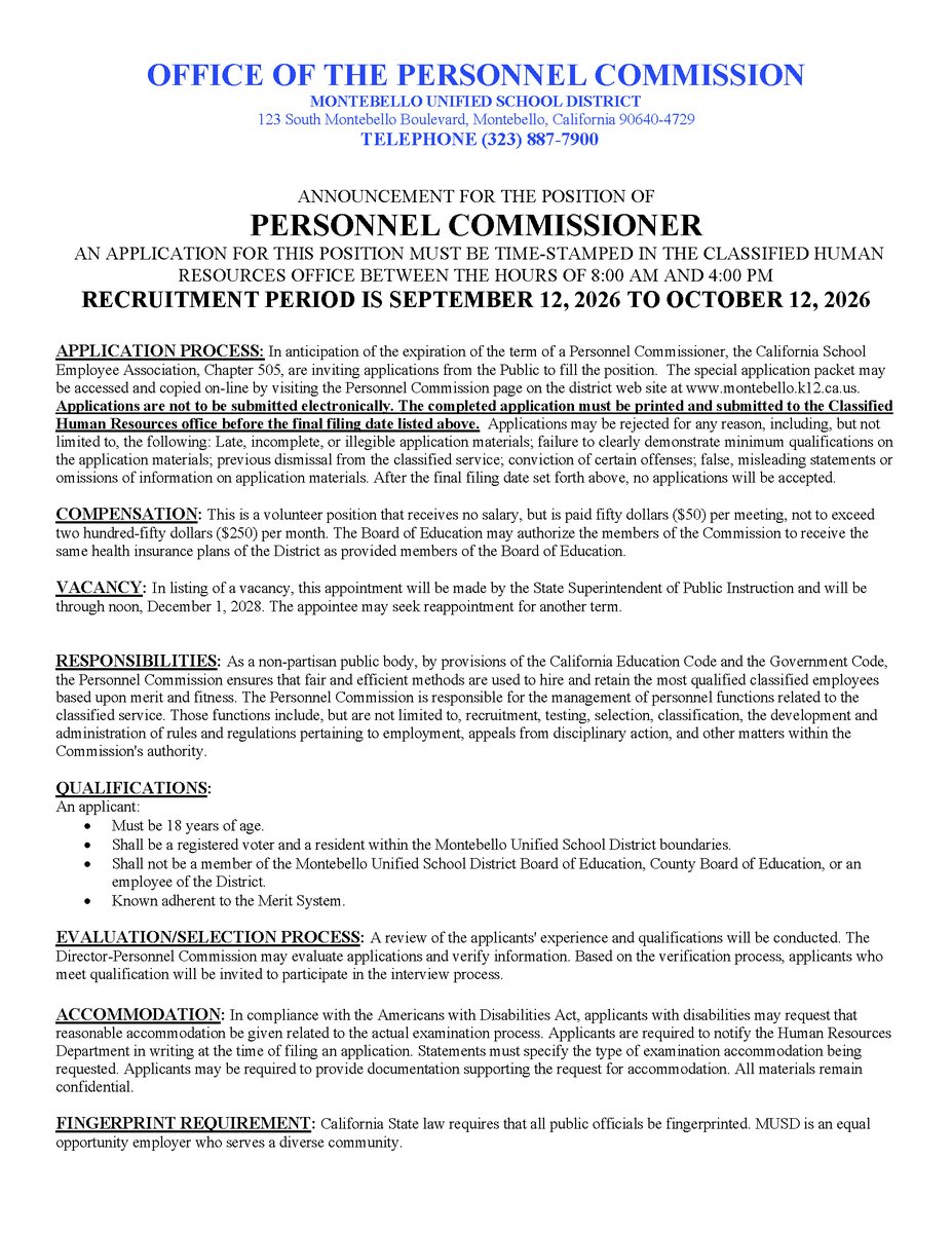 gomusd's tweet photo. Personnel Commissioner Vacancy Announcement! For more information and application click here: https://t.co/3Xfvo0AuEn https://t.co/3fWA4nwkEO