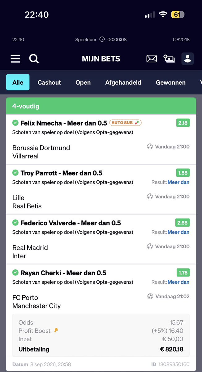 Sjeakz28's tweet photo. Goedmakertje na al die 1 fout slips. Thanks 2 bet boys community๐ #betcity #CL #parlays #bets https://t.co/AmwrRSu3Io