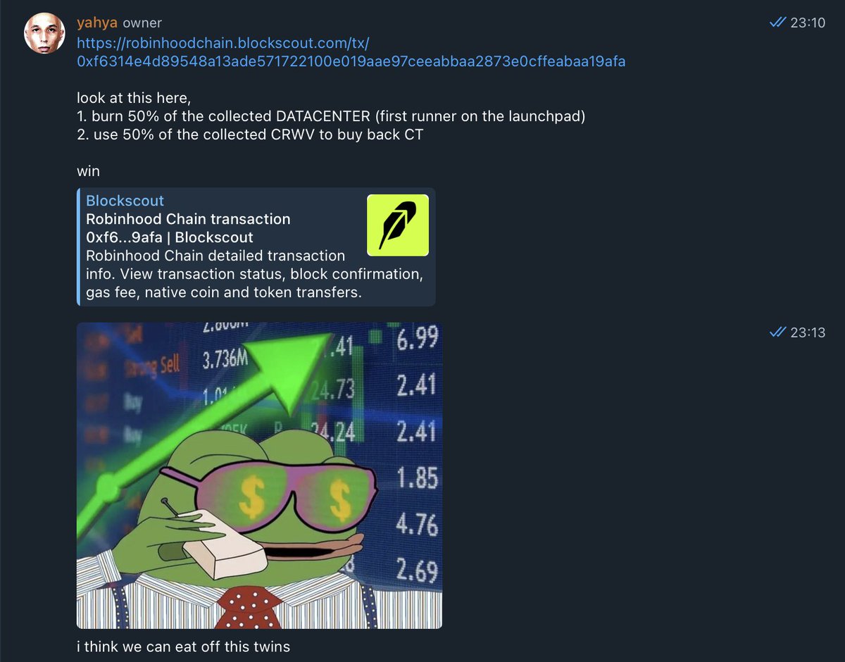 ctextension's tweet photo. come join our tg for the latest alpha on our launcher, we're cooking some serious pumpmentals in there.

we cornered the $CRWV supply on RH and just executed our first $CT buyback (2.4m CT) and runner burn (1.08m DATACENTER)

link in bio https://t.co/vkcYJ8bQiF