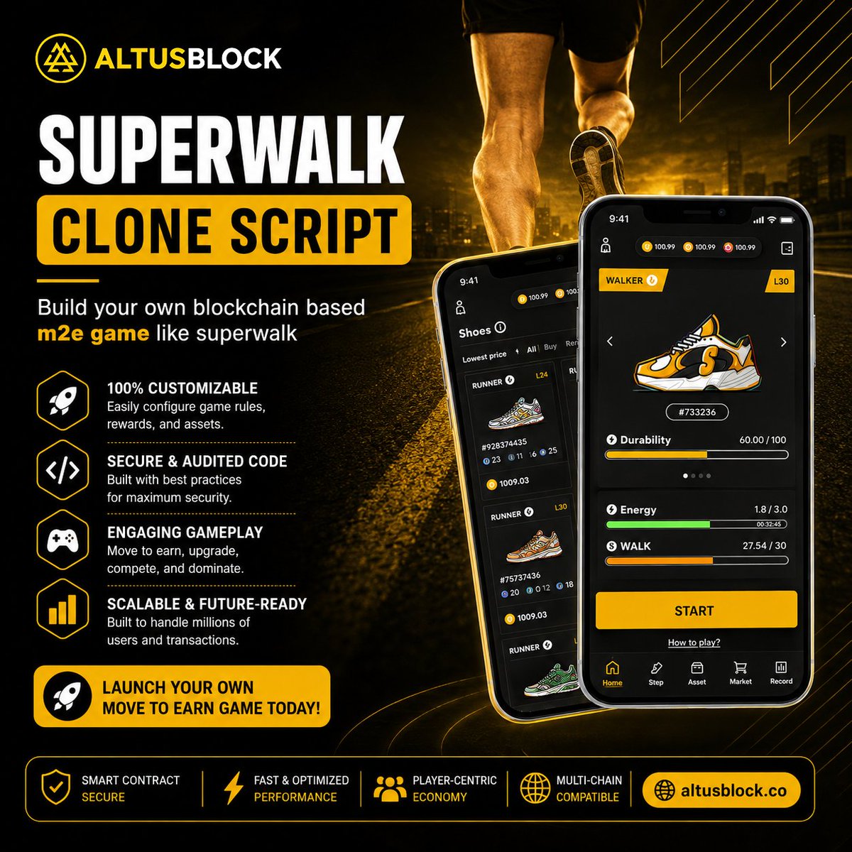 altusblock's tweet photo. 🚶‍♂️ Superwalk Clone Script

🚀 Build Your Own Move-to-Earn Game!

Turn the growing Move-to-Earn trend into your own branded Web3 gaming platform. 🎮👟

With a customizable Superwalk-style clone script, you can launch a feature-rich fitness game where users can walk, earn, upgrade assets, and stay engaged.

✨ What you can build:
👟 Move-to-Earn gameplay
⚙️ Fully customizable game rules & rewards
🔐 Secure smart-contract architecture
🏆 Player-focused rewards & progression
📈 Scalable infrastructure for growing users
🌐 Multi-chain compatible ecosystem

Whether you're building a fitness app, Web3 game, or token-powered rewards platform, we can help turn your concept into a launch-ready product. 💡🔥

🚀 Build. Launch. Grow.

🌐 Visit: https://t.co/CXydojTQHW

#MoveToEarn #Web3Gaming #Blockchain #GameDevelopment #AltusBlock