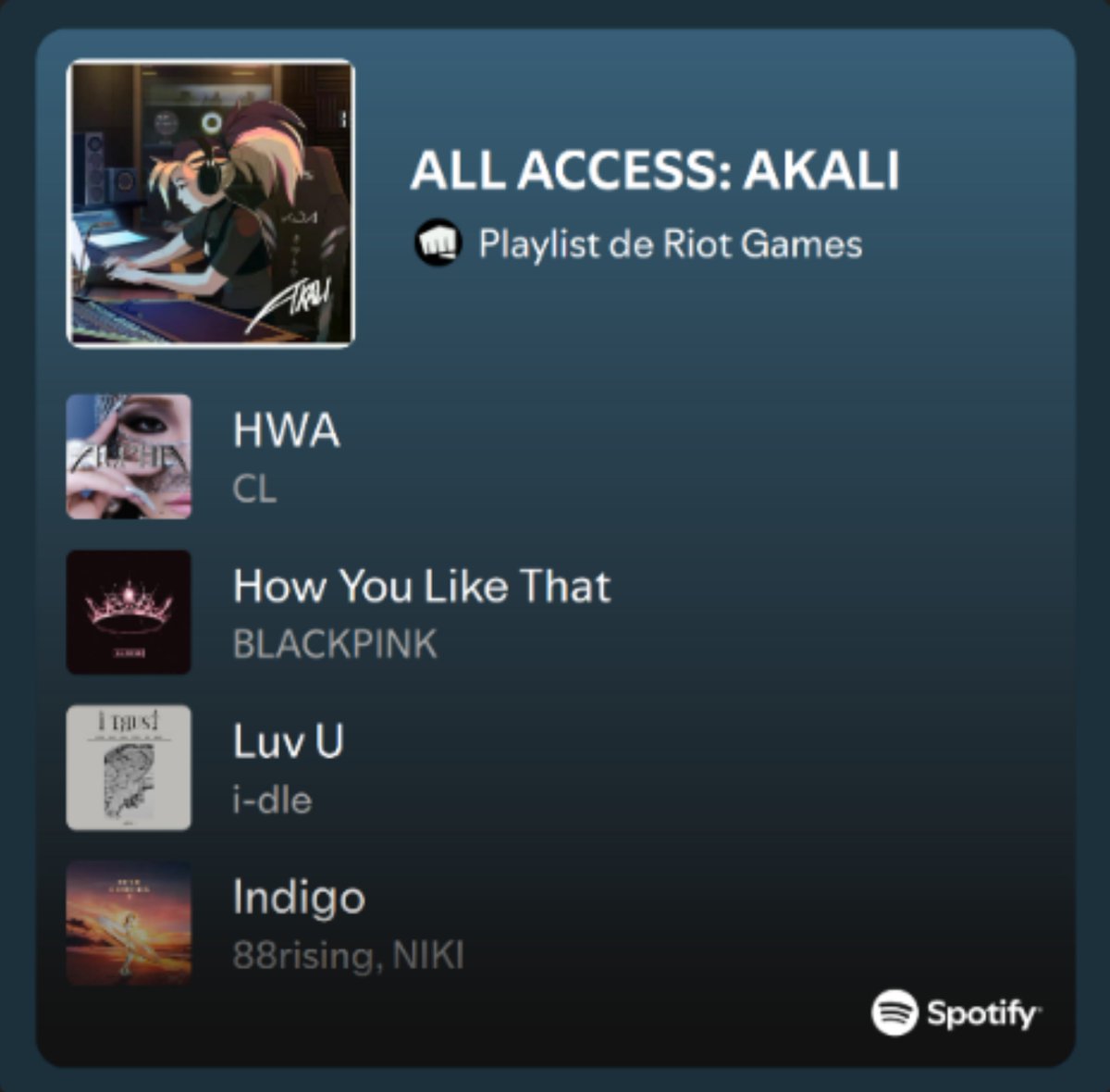 Ladysparda's tweet photo. 📜About K/DA Akali's Spotify playlist:

Akali has a Spotify playlist too: "ALL ACCESS: AKALI".
This was made in 2020 alongside the release of K/DA "ALL OUT"

https://t.co/1DpwV0b9ku https://t.co/elPVJJiiuG