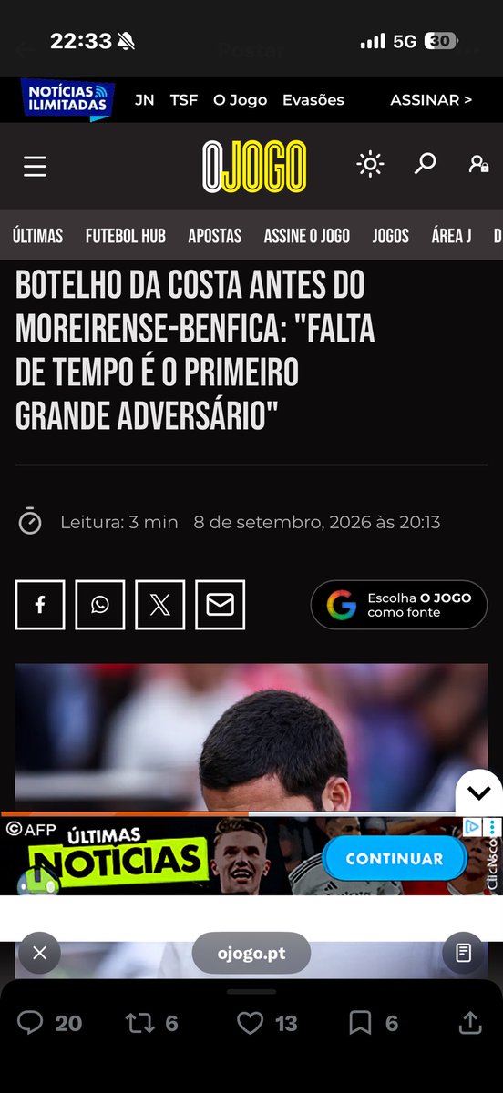Capilopes1's tweet photo. @ojogo Abrir a notícia e ver que diz “Falta de tempo é o primeiro grande adversário” 

Parabéns pela desonestidade. https://t.co/nLr6rsnn6d