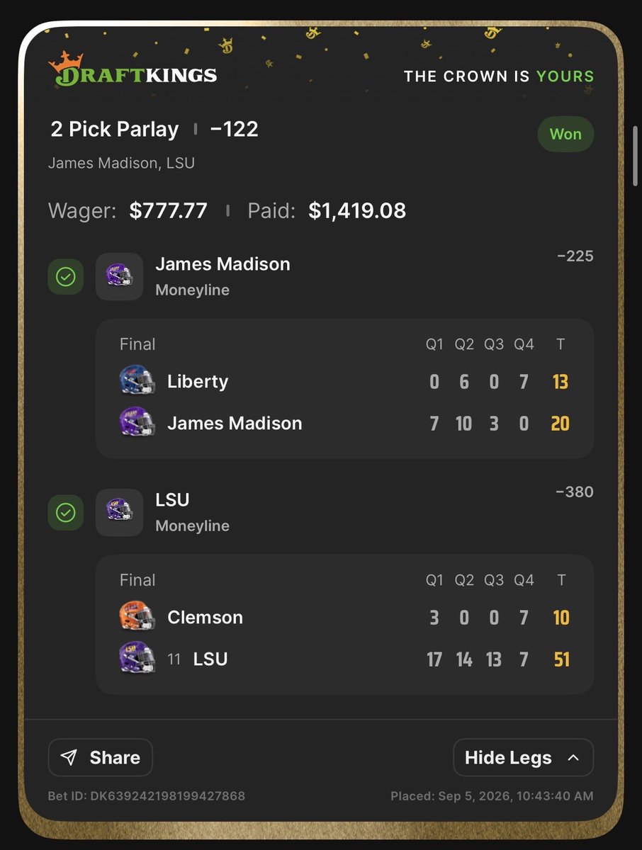 gBabyTheDegen's tweet photo. Week 1 College football Recap 

I’ll be honest football is money making time
✅

DM’s are open 🙌🏻
#cfb #lsu #SportsPicks #handicapper #sportsbet #FootballTwitter https://t.co/xlBi2Y5y4y