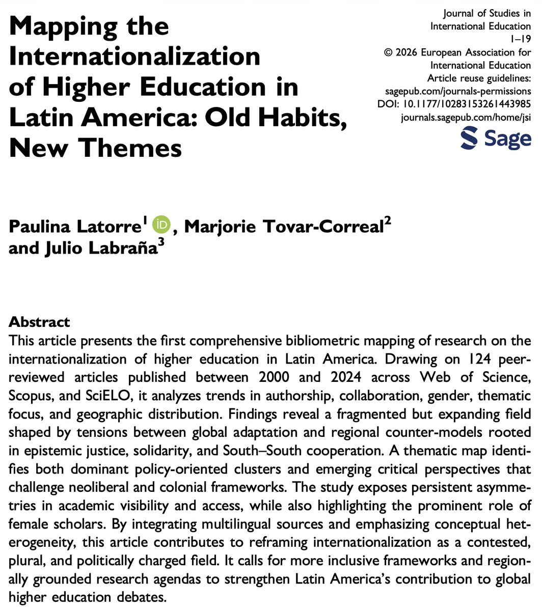 jsinted's tweet photo. Mapping the internationalization of higher education in Latin America: old habits, new themes

@PauliLatorre, Marjorie @CorrealTovar and Julio Labraña

→ https://t.co/y1OCrLJHSj

#HigherEd #Internationalization #LatinAmerica #Bibliometrics #IntlEd https://t.co/x7f4lIQejj