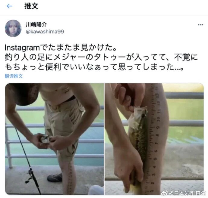 anhei002622's tweet photo. 一位外国钓鱼爱好者，在自己腿上纹了尺子的纹身，钓到鱼就可以直接拿起来量 https://t.co/Si7zpFJR77