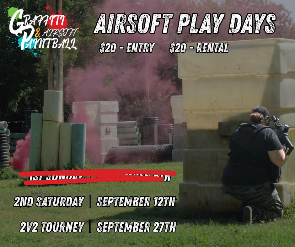 GraffitiPB's tweet photo. This Saturday, September 12th, is another airsoft and paintball day!

Gates open at 8:30 AM ︱ Games start as soon as enough players are chrono'd

#graffitipaintballnairsoft ︱ #paintball ︱ #airsoft https://t.co/fN8A3rpKUn