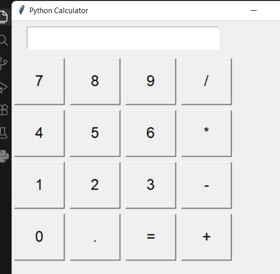 Temiloluwaco's tweet photo. Started my 30 days of code challenge on python today.
Today's focus was building the interface for a simple python calculator using Tkinter - creating windows, buttons, grids and adding a display screen. 
Kindly engage. Thanks.
#30DaysofCode #Python #BuildInPublic https://t.co/Rp5Vgo0sYY