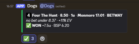 TheRailBets's tweet photo. 40+ units up on the day 🐕

One of them: Four The Hunt · 17:01 Monmore
Tipped 8.50 (min 8.37) · +11% EV
WON · BSP 6.20

Took 8.50, closed 6.20. That's the edge.

Member's slip below: £60 → £510

Every tip posted with the odds taken, graded vs the closing line.

18+ BeGambleAware https://t.co/dZ8I3JzzE8