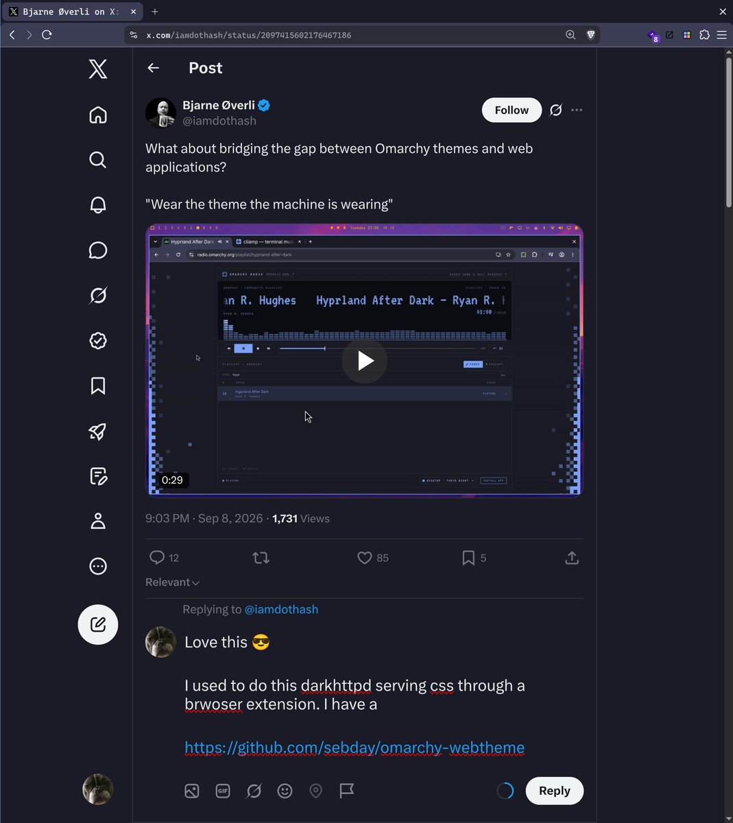 sebday_'s tweet photo. @iamdothash Love this 😎

I have similar with a few sites like X, github etc themed.

https://t.co/Fxe5qrlooF https://t.co/rOxdm8VsKV