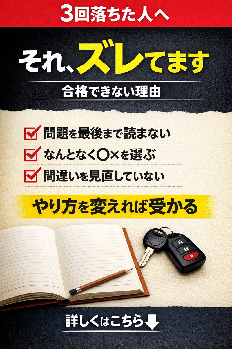 tw_nishimura's tweet photo. 3回落ちた人へ

はっきり言います。

👉 勉強不足じゃないです
👉 ズレてるだけです

・問題を最後まで読��でない
・なんとなく〇×を選んでる

これだけで落ちます

やり方を変えれば受かる

実際に👇
60％ → 全員合格

理由も書きました👇
https://t.co/HpHn5CZG12 https://t.co/JacpRo6wbA