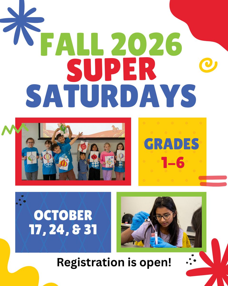 GiftedStudies's tweet photo. Registration for Fall Super Saturdays is now open! Super Saturday classes allow high-ability and high-interest students in grades 1-6 to broaden the scope of their interests. Learn more and register your student here: 
https://t.co/9TlNiz8ych  

#mindsonhandson https://t.co/QwgrEmpFyO