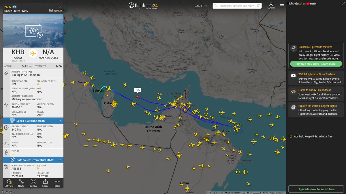 AIYeyENGDdJkjTr's tweet photo. Sept. 9, 2026
#Isa Air Base , Bahrain ==> #Arabian Sea
#NoCALLSIGN #AE683B USN P-8A Poseidon https://t.co/sMe5pd7BP8