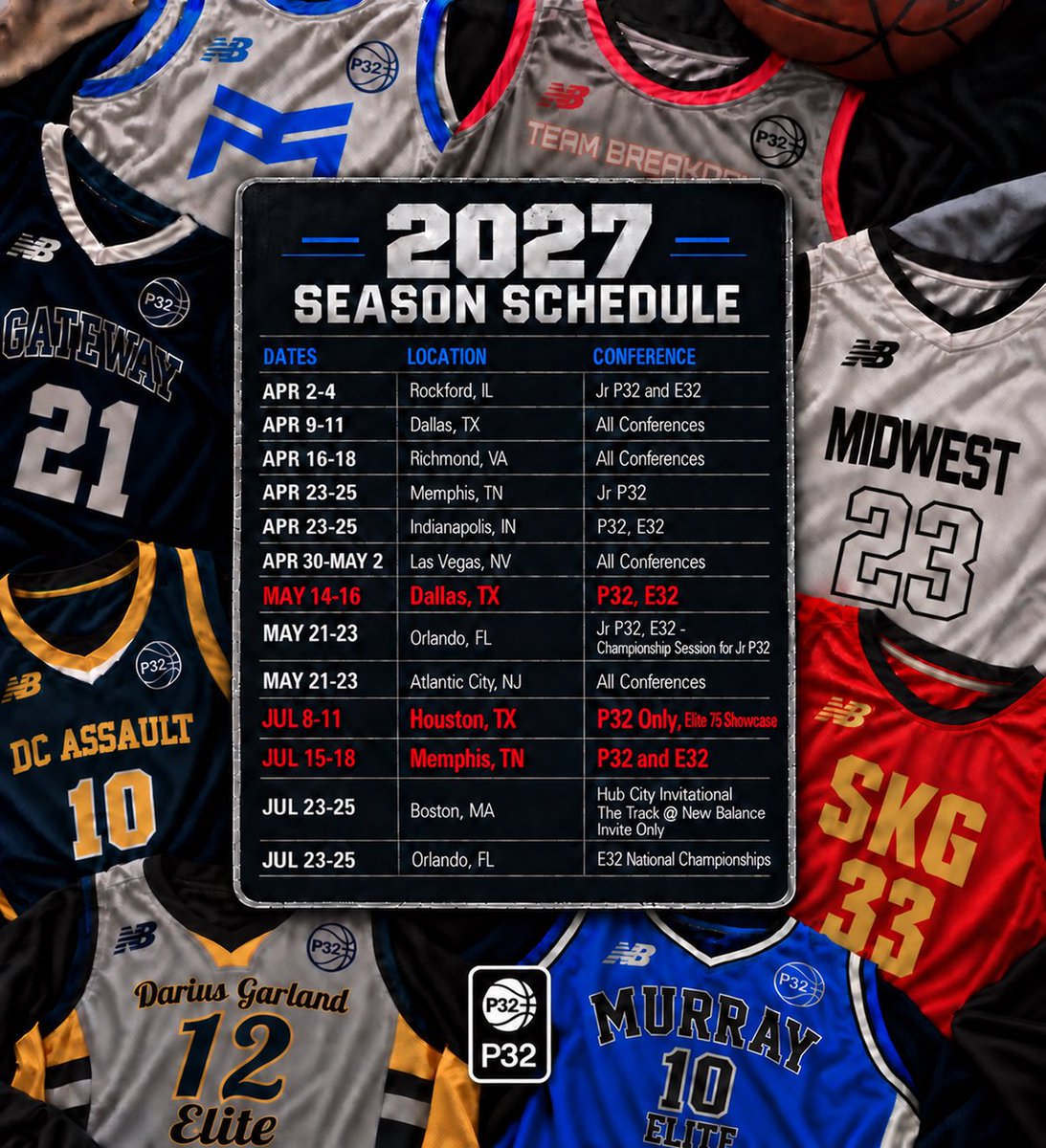 p32league's tweet photo. THE STAGE IS SET 🏀🔥 
The 2027 P32 season is officially here!
From April - July, the nation’s top programs and athletes will compete across the country on one of grassroots basketball’s biggest platforms. More competition. More exposure. More opportunities. https://t.co/TpPshyUSJK