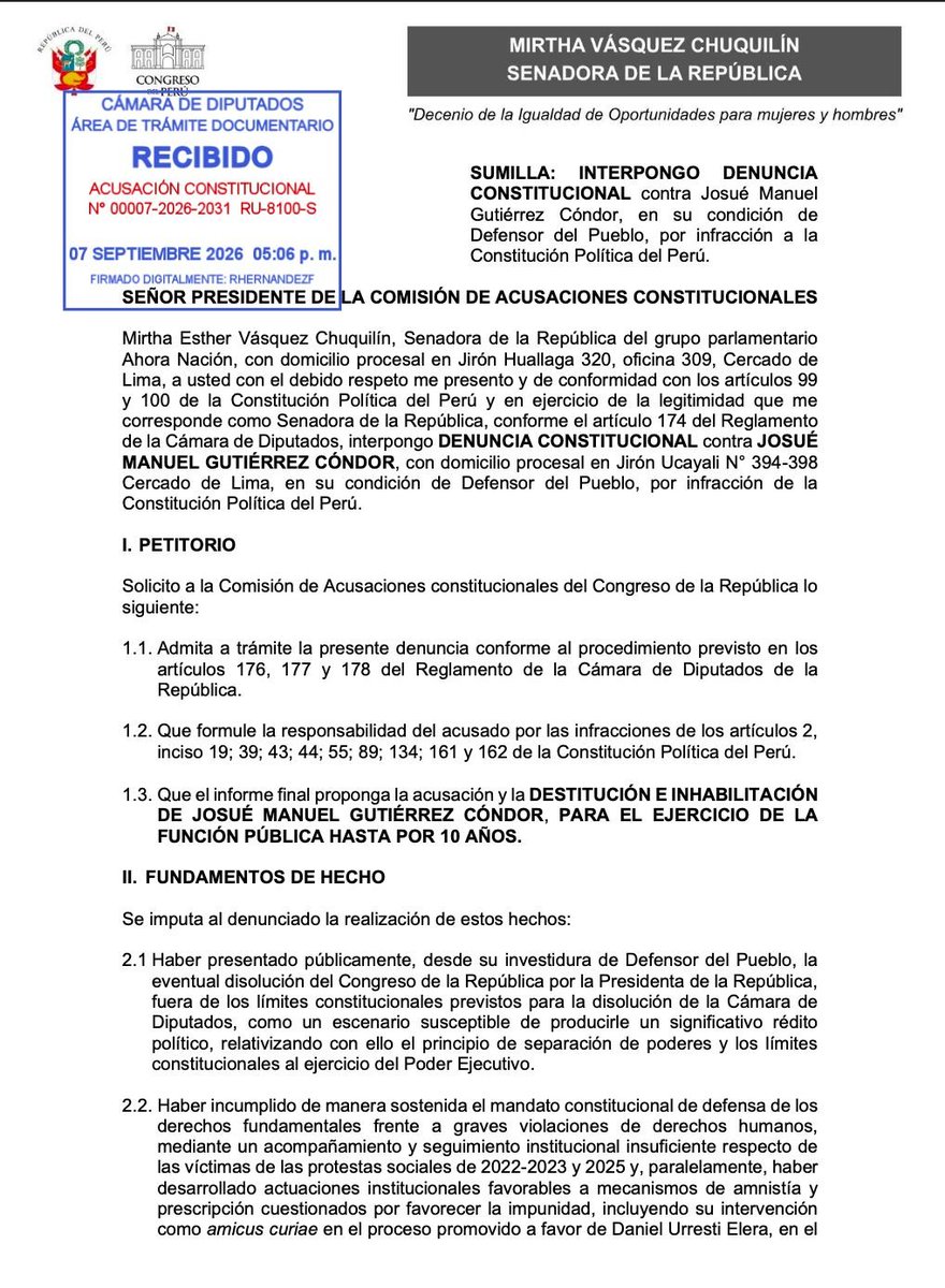 Epicentro_TV's tweet photo. 🚨 Denuncia constitucional contra el defensor del Pueblo, Josué Gutiérrez, por sugerir que cerrar el Congreso favorecería a Keiko Fujimori, ha sido recibido. El documento presentado por la senadora Mirtha Vásquez (Ahora Nación) solicita que Gutiérrez sea destituido e inhabilitado por hasta 10 años.