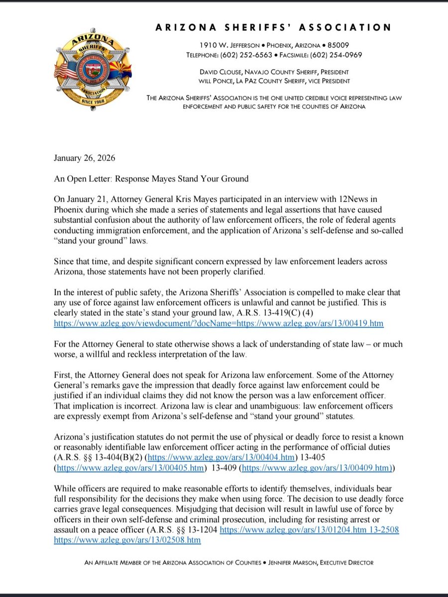 votewarren's tweet photo. Earlier this year the Arizona Sheriffs’ Association wrote a letter rebuking Kris Mayes for misstating the law and for dangerous rhetoric that risked putting law enforcement officers in danger. She is not fit to be the Attorney General. https://t.co/rq3X7W15mn