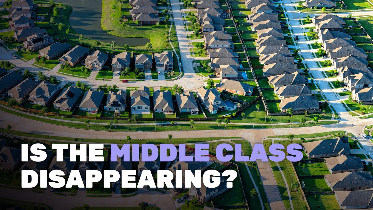 An aerial view of a suburban neighborhood with rows of similar houses, overlaid with the text 'IS THE MIDDLE CLASS DISAPPEARING?' in white and purple lettering.