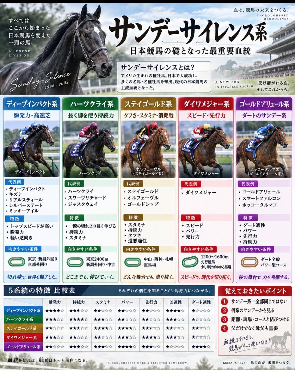 keiba_0425's tweet photo. おはようございます！

本日は血統について　

～サンデーサイレンス編～

サンデーサイレンス系は、日本競馬の血統を見るうえで最重要クラス。ポイントは、単に「サンデー系＝瞬発力」と覚えるのではなく、どの枝から来ているかで性質がかなり変わることです。

↓代表的な枝はこちら
●ディープインパクト系：瞬発力・高速馬場・長い直線
●ハーツクライ系：持続力・スタミナ・長く脚を使う
●ステイゴールド系：持続力・タフさ・スタミナ・道悪
●ダイワメジャー系：スピード・パワー・先行力
●ゴールドアリュール系：ダート・パワー・先行力

5系統を一言で覚えるなら(超重要！！)
ディープ系→ 「切れる」
ハーツ系→ 「長く伸びる」
ステイゴールド系→ 「バテない」
ダイワメジャー系→ 「前で速い」
ゴールドアリュール系→ 「力で押す」

#競馬