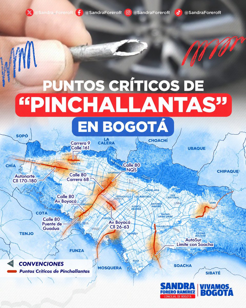 Sandra_ForeroR's tweet photo. 🚨 ¡Ojo con los pinchallantas en Bogotá! 👁️ Estos son algunos de los puntos donde más se han reportado casos.

La denuncia ciudadana es clave para identificar a los responsables y establecer posibles conexiones con comercios que se estarían beneficiando de esta práctica ilegal. 🚫

Si fue víctima, denuncie y adjunte la factura del servicio o reparación. Entre todos podemos ayudar a identificar este delito y proteger a los bogotanos.

👇 Denuncie aquí: 
https://t.co/JMKsFsOS3N