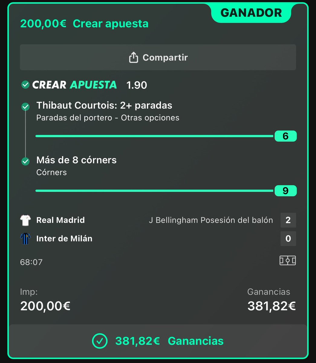 VerdazoDiario's tweet photo. 🔥 RESUMEN DEL DÍA DE HOY 🔥

⚽ Brujas - Aston Villa +2,5 goles @1,66 ✅
🎯 Lille - Betis +24,5 tiros @1,53 ✅
🎯 1 tiro Andrade @2,25 ✅
💥 STAKAZO Madrid - Inter @1,90 ✅
🚨 CUOTÓN 10 Madrid - Inter @10,00 ✅

🏆 PLENAZO HOY 🏆

📲 ENLACE AL CANAL EN EL PRIMER COMENTARIO https://t.co/gDdNqBIUq4
