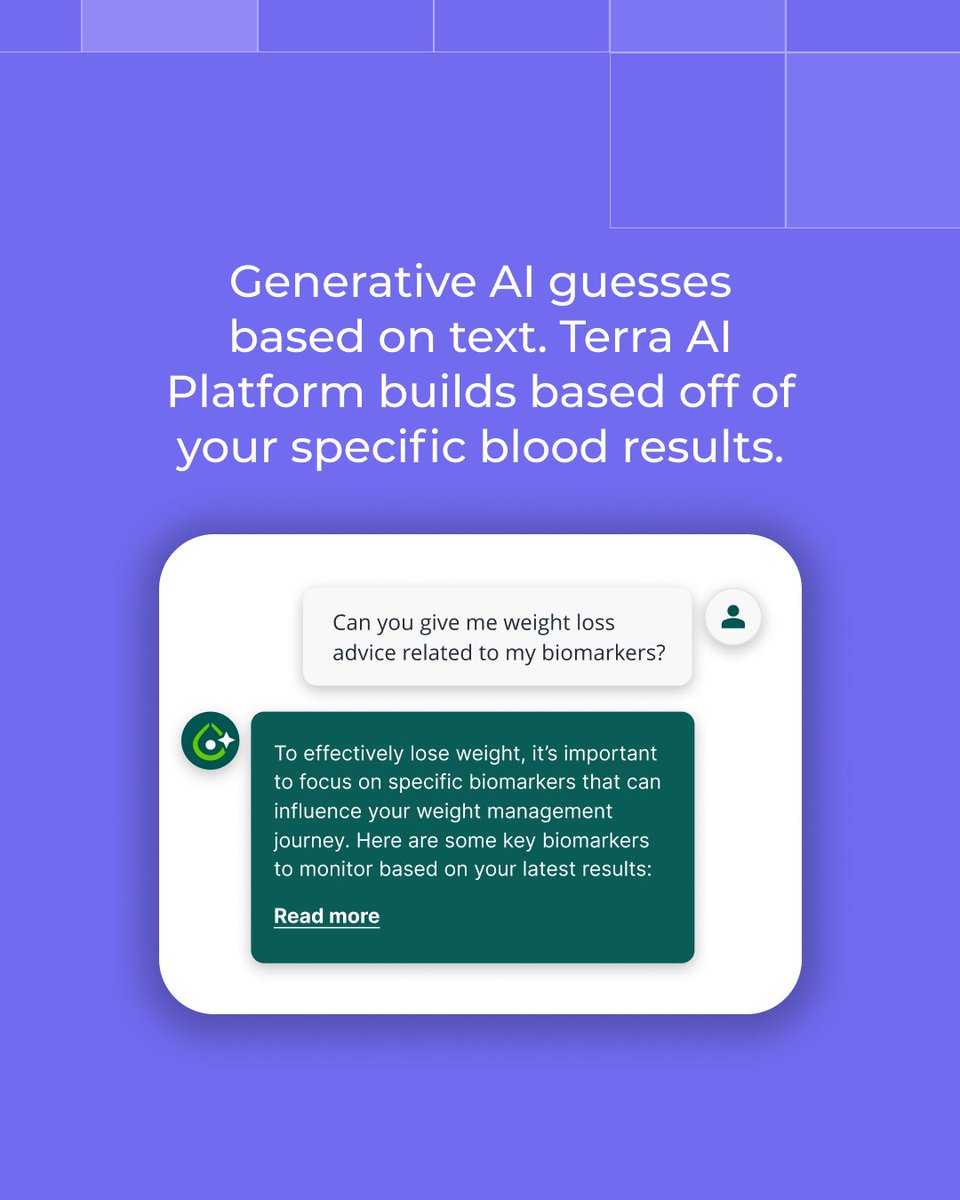 InsideTracker's tweet photo. 💭When you prompt a standard AI with "write me a workout," it guesses based on population data, &amp; is not HIPAA-compliant.😮

This is why we built Terra, our proprietary #AIengine.

Terra analyzes your #biomarker data, genetic insights, &amp; activity, securely, to deliver guidance. https://t.co/fQd7MXH8nh