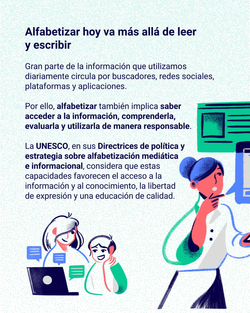 Gráfico informativo sobre alfabetización en la era digital. Varias ilustraciones muestran personas interactuando con dispositivos y contenidos digitales. El texto destaca que alfabetizar también implica acceder, comprender, evaluar y utilizar información de manera responsable.