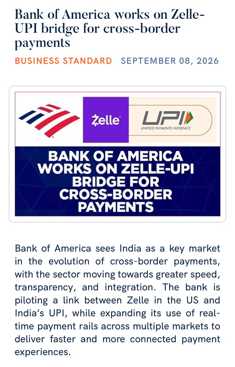 IndianEmbassyUS's tweet photo. Bank of America works on Zelle-UPI bridge for cross-border payments
 https://t.co/LIBzVNzAcu

via NaMo App https://t.co/Truuu9uyxr