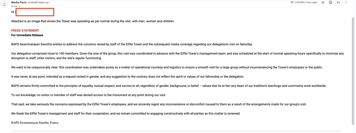 Sanket15213's tweet photo. 🚨BAPS Paris - Eiffel Tower - Media Statement

We at @hrllabseu have communicated with BAPS Paris and received the following media statement:

There is a deliberate attempt to paint BAPS and Hindu community as misogynistic and discrimination towards women is attributed.

The attached image clearly shows there were female visitors who are looking down at BAPS team.

Do not fall for propaganda and delliberate manipulation against Hindus.

Best Regards
Human Rights Legal Labs Team
@hrllabseu