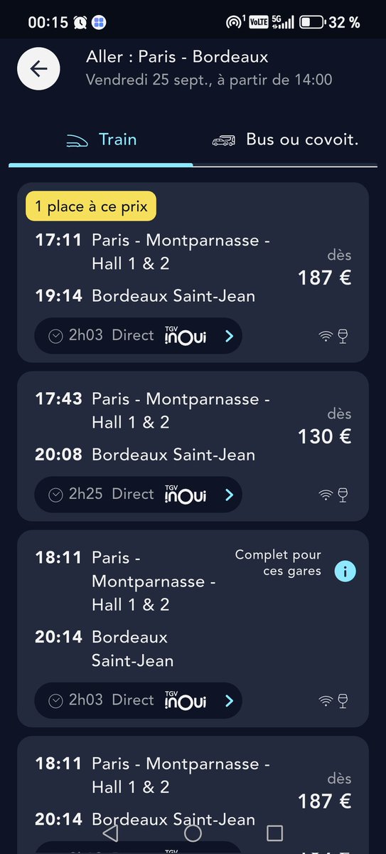 chacha7828's tweet photo. @SNCFVoyageurs 187 € pour un Paris–Bordeaux de 2 heures le 25 septembre : sérieusement ? À ce niveau de prix, le train n’est plus une alternative accessible, c’est un produit de luxe. Comment peut-on justifier un tel tarif pour un trajet aussi court ? https://t.co/JlctUhqn5o