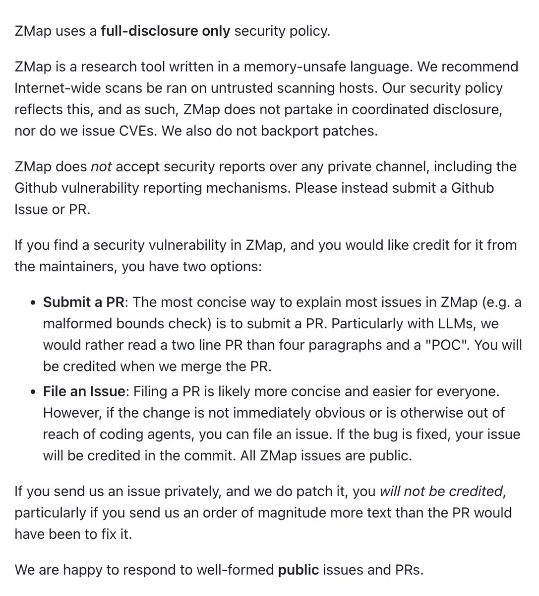 https://github.com/zmap/zmap/blob/main/SECURITY.md