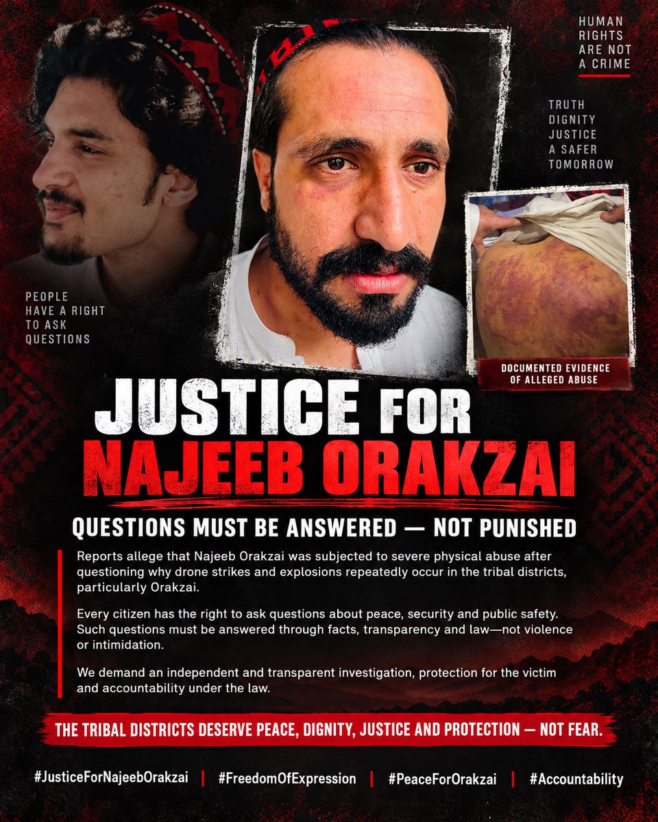 shoaibsafi00's tweet photo. If a citizen raises concerns about peace, security and the protection of people in his region, those questions must be answered through facts, transparency and the law—not violence or intimidation.
#PTM 
#JusticeForNajeebOrakzai
#PeaceForOrakzai #StopViolence #Accountability https://t.co/UfxoiXI0O3