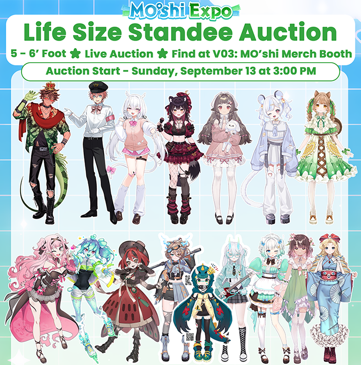 MOshiexpo's tweet photo. 【LIFE SIZE STANDEES - LIVE AUCTION】

These beautiful, life-size standees will be in the Guest Standee area next to V03, the MO'shi merch booth! At the end of the weekend, Sunday at 3:00 PM, we will be hosting a live auction for them!

How will you get them home? Well, that's a you problem. 😋

#MOshiExpo2026