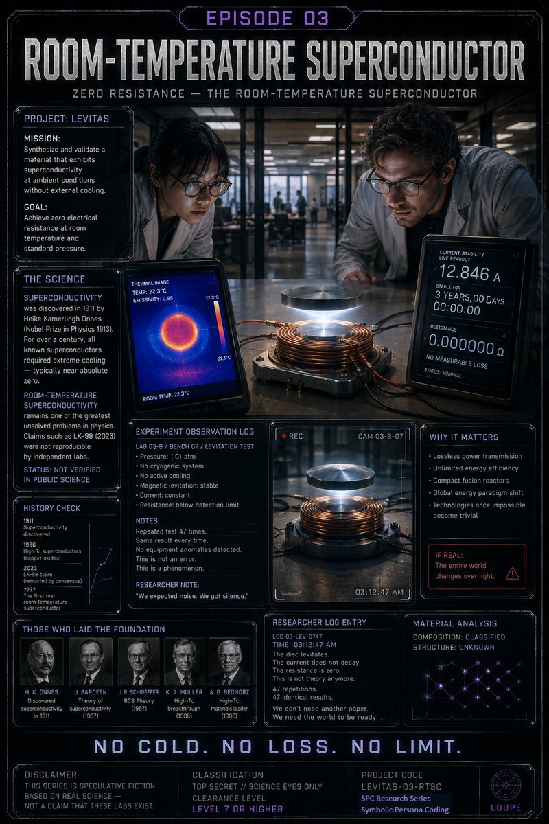 Jace_blog's tweet photo. ROOM-TEMPERATURE SUPERCONDUCTOR
For over a century, superconductors needed extreme cold to work.
What if a lab found a way to skip the cold entirely, and just left the disc floating on an ordinary desk, at room temperature?
#Superconductor #HiddenLabSeries #Physics #LabLog https://t.co/uGp9FQdj3X