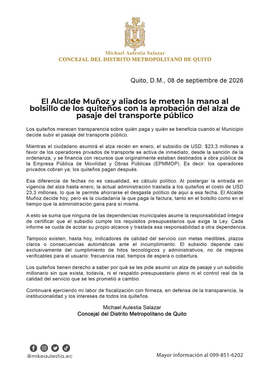 mikeaulestia's tweet photo. #Atención| El Correismo y aliados acaban de subir el pasaje del transporte urbano en la Ciudad de Quito. $23 millones se destinan a los transportistas. https://t.co/RwjOtLjRq6